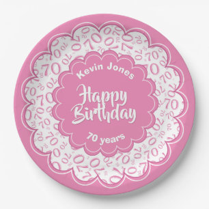 Happy Birthday 70th Pink/White Number Pattern Paper Plate