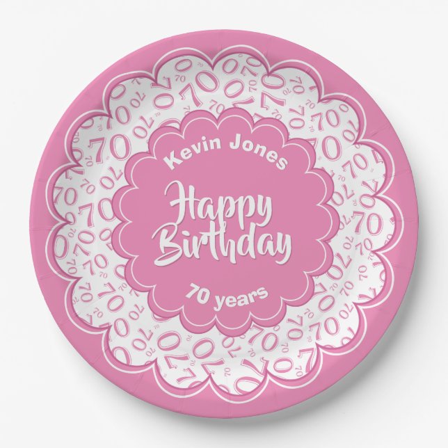 Happy Birthday 70th Pink/White Number Pattern Paper Plate (Front)