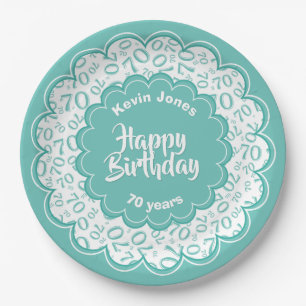 Happy Birthday 70th Teal/White Number Pattern Paper Plate