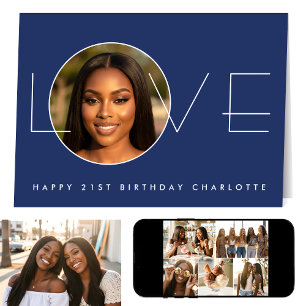 Happy Birthday 7 Photo Love Elegant Navy Blue Card