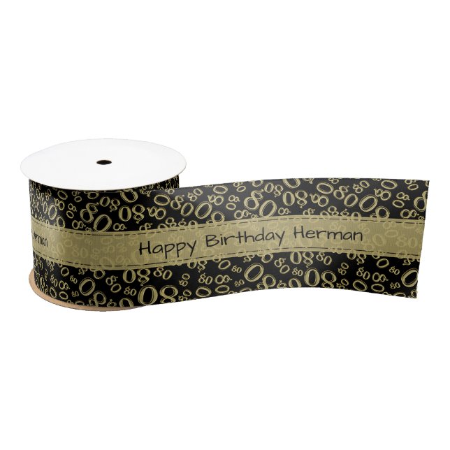 "Happy Birthday" 80 Number Pattern Gold and Black Satin Ribbon (Spool)