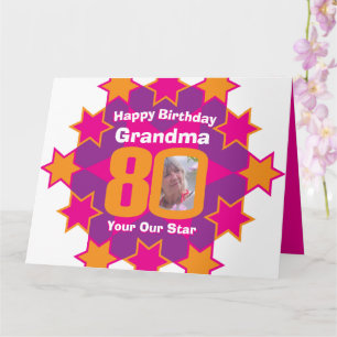 Happy birthday 80 pink stars grandma photo card