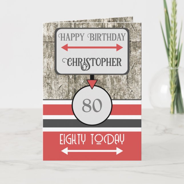 Happy birthday 80 today name red grey card (Front)