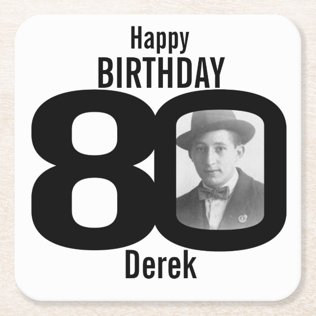 Happy birthday 80th name and photo paper coasters (Front)
