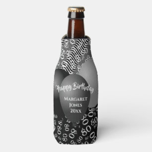Happy Birthday 80th Number Pattern Black and White Bottle Cooler