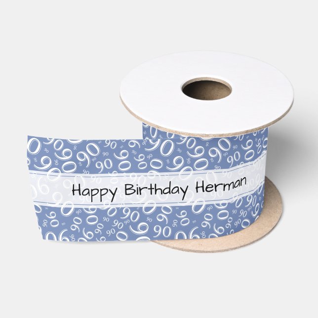 "Happy Birthday" 90 Number Pattern Blue and White Satin Ribbon (Spool)