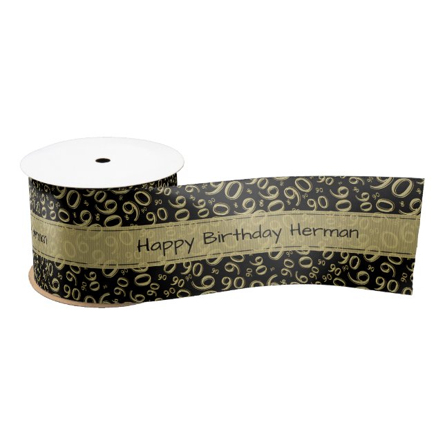 "Happy Birthday" 90 Number Pattern Gold and Black Satin Ribbon (Spool)