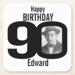 Happy birthday 90th name and photo paper coasters<br><div class="desc">90th birthday black and white photo party paper coasters. Great to add a personal touch to a surprise birthday party. Personalize with your birthday boys or girls photo in the 0 of 90 and personalize with your choice of name. Design by Sarah Trett.</div>