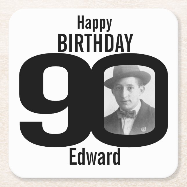 Happy birthday 90th name and photo paper coasters (Front)