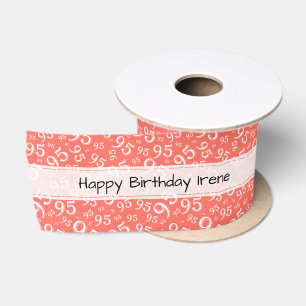 Happy Birthday 95 Number Pattern Coral/White Satin Ribbon