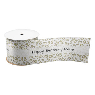 Happy Birthday 95 Number Pattern Gold/White Satin Ribbon