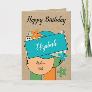 Happy birthday add name orange green blue rustic card
