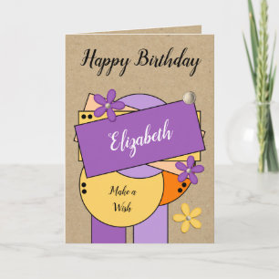 Happy birthday add name purple orange lilac rustic card
