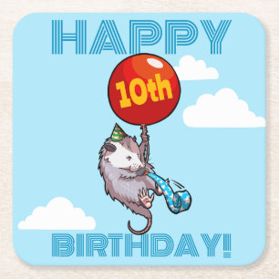 Happy Birthday! Add The Age Opossum & Red Balloon Square Paper Coaster