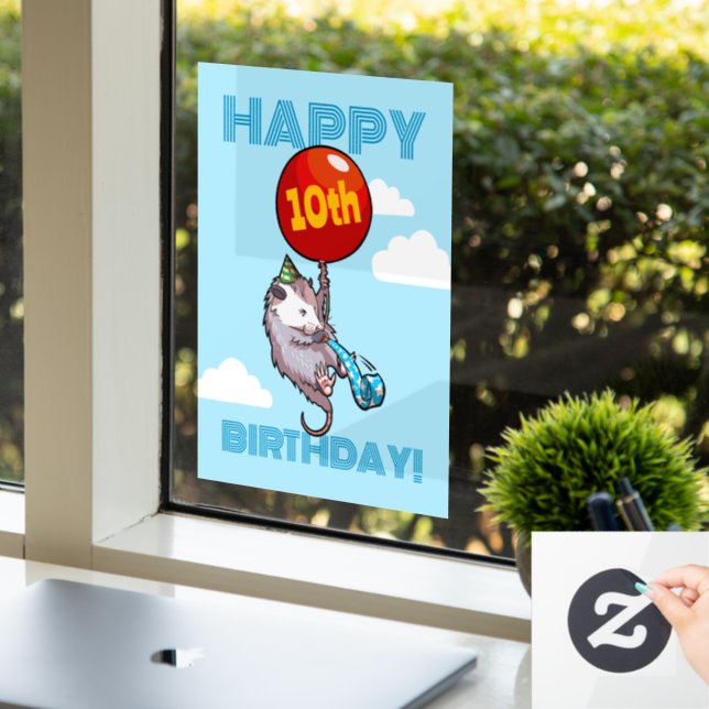 Happy Birthday! Add The Age Opossum & Red Balloon Window Cling (Office)