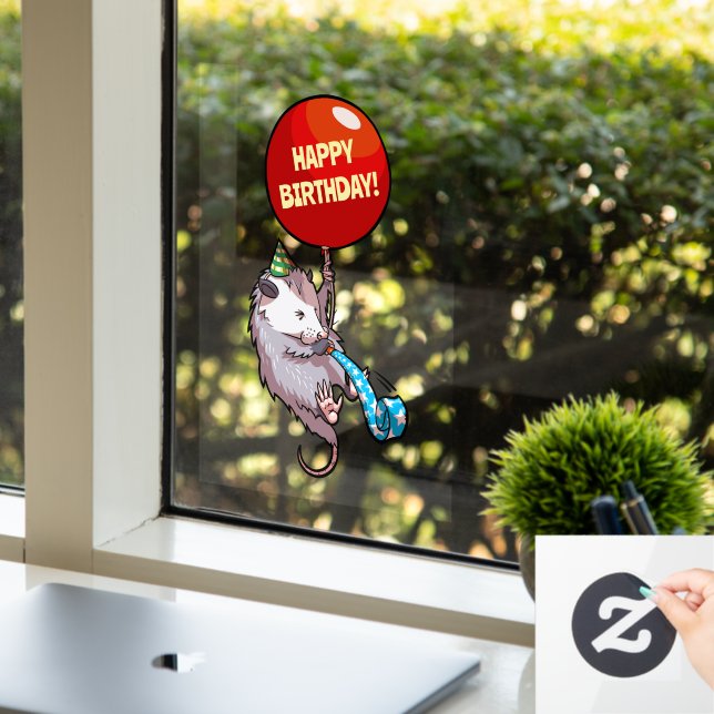 Happy Birthday! Add The Age Opossum & Red Balloon Window Cling (Office)