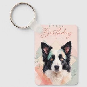 Happy Birthday Adorable Black White Dog Portrait Keychain