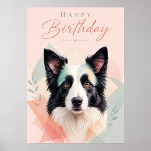 Happy Birthday Adorable Black White Dog Portrait Poster