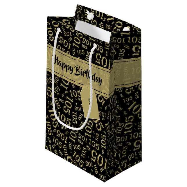 Happy Birthday Age 105 Number Pattern Black/Gold Small Gift Bag (Front Angled)