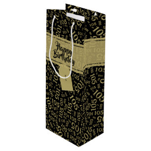 Happy Birthday Age 105 Number Pattern Black/Gold Wine Gift Bag