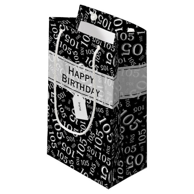 Happy Birthday Age 105 Number Pattern Black/White Small Gift Bag (Front Angled)