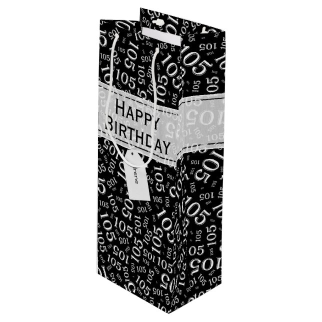 Happy Birthday Age 105 Number Pattern Black/White Wine Gift Bag (Front Angled)