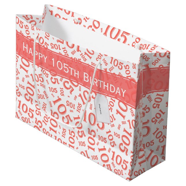 Happy Birthday Age 105 Number Pattern Coral/White Large Gift Bag (Front Angled)