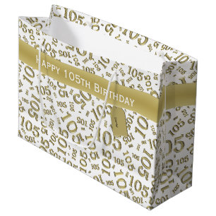 Happy Birthday Age 105 Number Pattern Gold/White Large Gift Bag