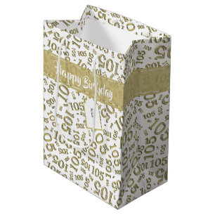 Happy Birthday Age 105 Number Pattern Gold/White Medium Gift Bag