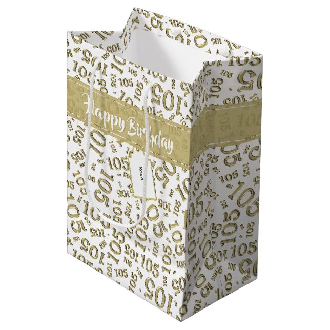 Happy Birthday Age 105 Number Pattern Gold/White Medium Gift Bag (Front Angled)