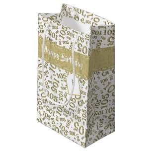 Happy Birthday Age 105 Number Pattern Gold/White Small Gift Bag