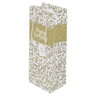 Happy Birthday Age 105 Number Pattern Gold/White Wine Gift Bag