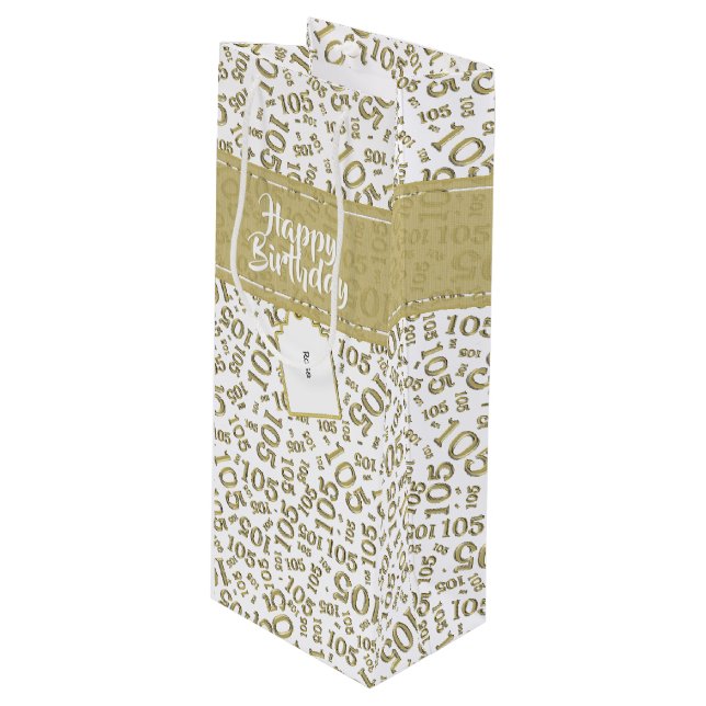 Happy Birthday Age 105 Number Pattern Gold/White Wine Gift Bag (Front Angled)