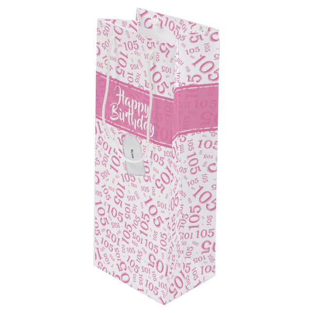 Happy Birthday Age 105 Number Pattern Pink/White Wine Gift Bag (Front Angled)