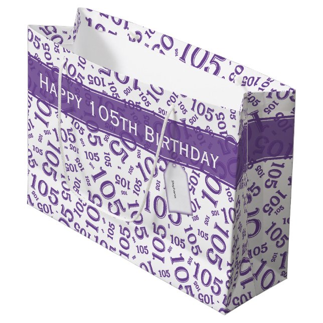 Happy Birthday Age 105 Number Pattern Purple/White Large Gift Bag (Front Angled)