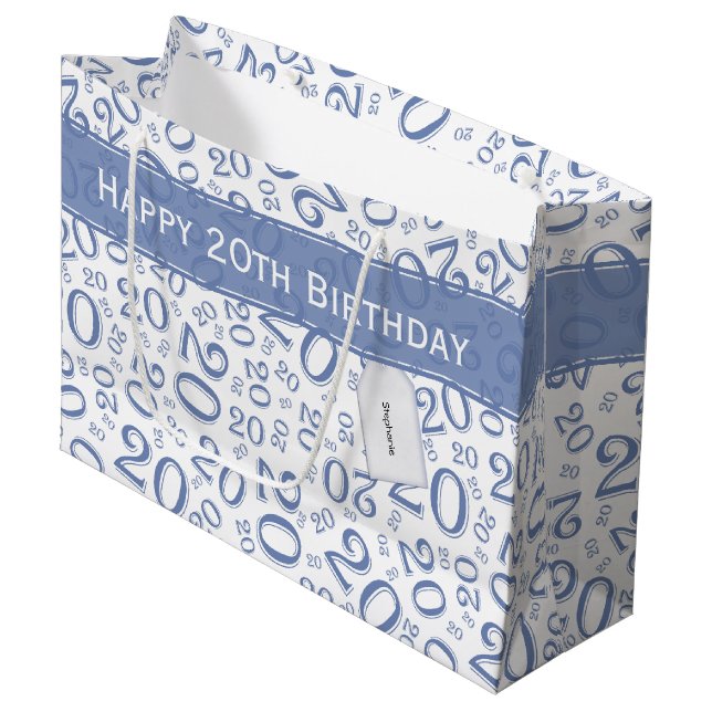 Happy Birthday Age 20 Number Pattern Blue/White Large Gift Bag (Front Angled)