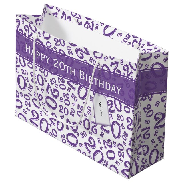 Happy Birthday Age 20 Number Pattern Purple/White Large Gift Bag (Front Angled)