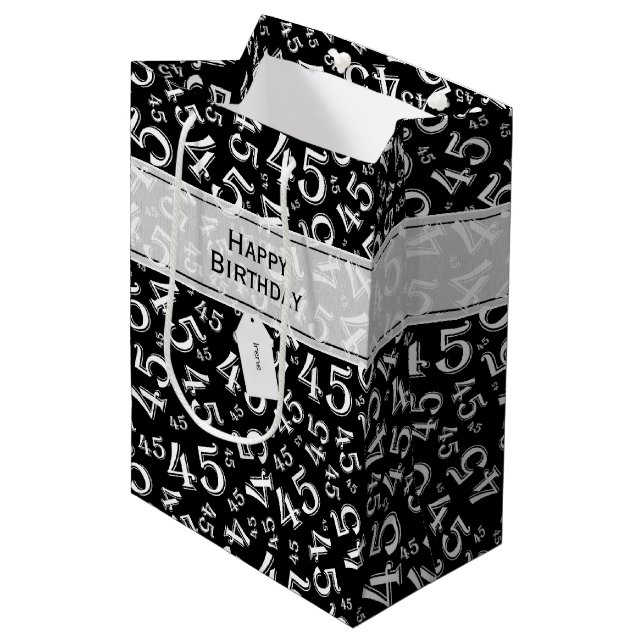 Happy Birthday Age 45 Number Pattern Black/White Medium Gift Bag (Front Angled)