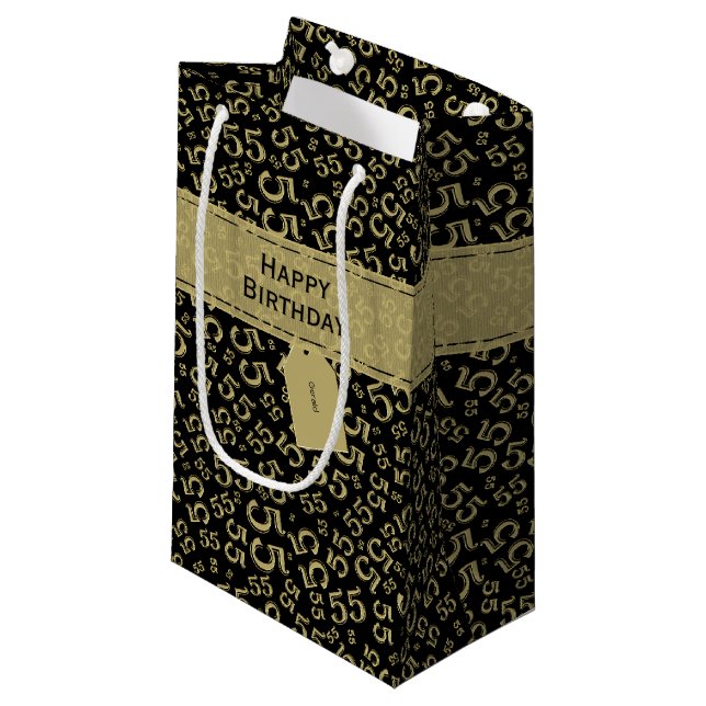 Happy Birthday Age 55 Number Pattern Black/Gold Small Gift Bag (Front Angled)