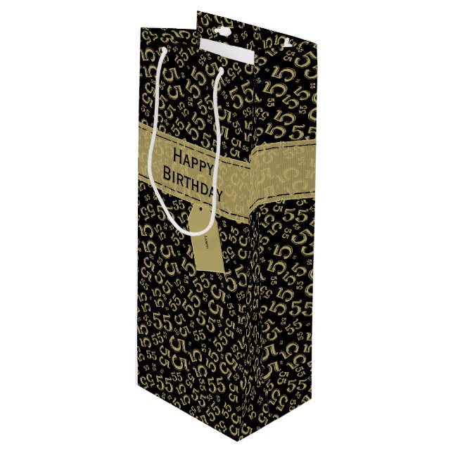 Happy Birthday Age 55 Number Pattern Black/Gold Wine Gift Bag (Front Angled)