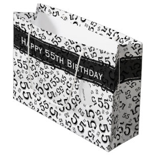 Happy Birthday Age 55 Number Pattern Black/White Large Gift Bag