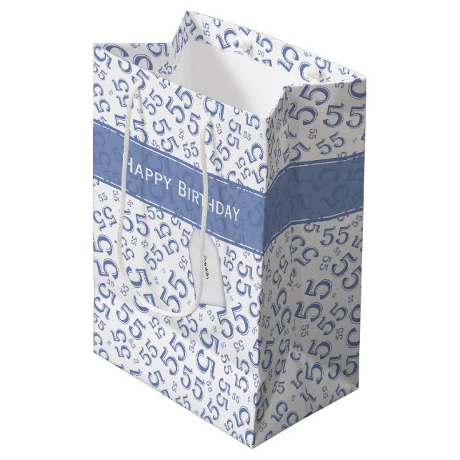Happy Birthday Age 55 Number Pattern, Blue/White, Medium Gift Bag (Front Angled)