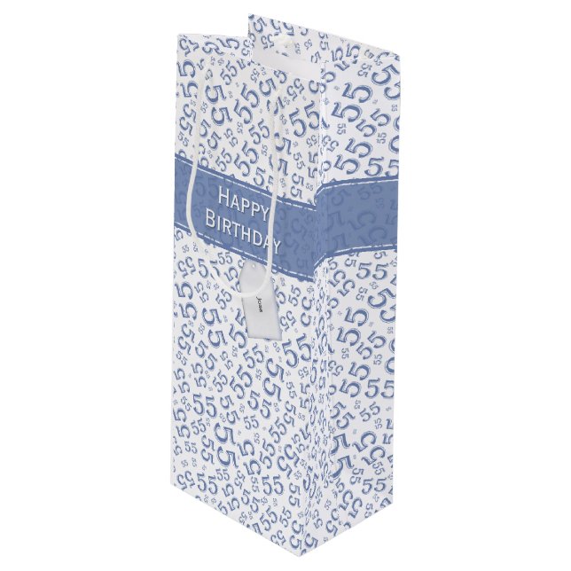Happy Birthday Age 55 Number Pattern, Blue/White, Wine Gift Bag (Front Angled)