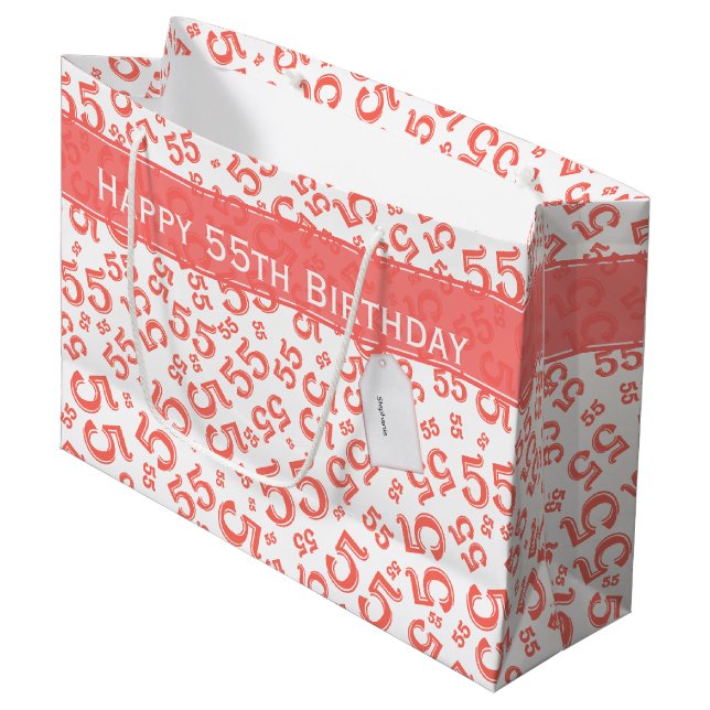 Happy Birthday Age 55 Number Pattern Coral/White Large Gift Bag (Front Angled)