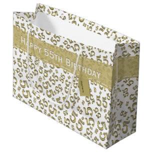 Happy Birthday Age 55 Number Pattern Gold/White Large Gift Bag