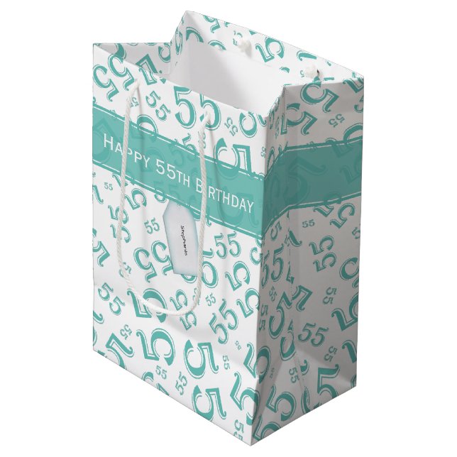 Happy Birthday Age 55 Number Pattern Teal/White Medium Gift Bag (Front Angled)