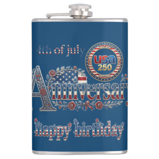 Happy Birthday America 250 USA 4th July Navy Blue Hip Flask