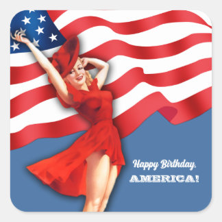 Happy Birthday, America. Retro Pin-up Square Sticker