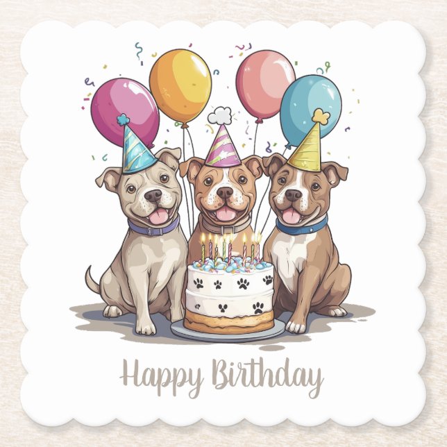 Happy Birthday American Pit Bull Terrier Dogs Paper Coaster (Front)