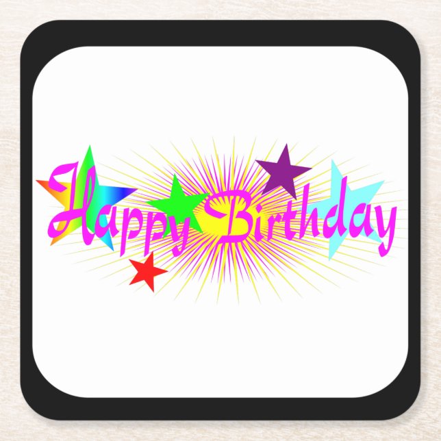 Happy Birthday and Stars - Square Paper Coaster (Front)